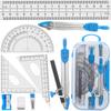 Tuloka School Compass 12-Piece Set for Math: 15cm Straight Ruler, 2 Triangle Rulers, Semicircular Protractor, Replacement Leads, Eraser, Pencils,