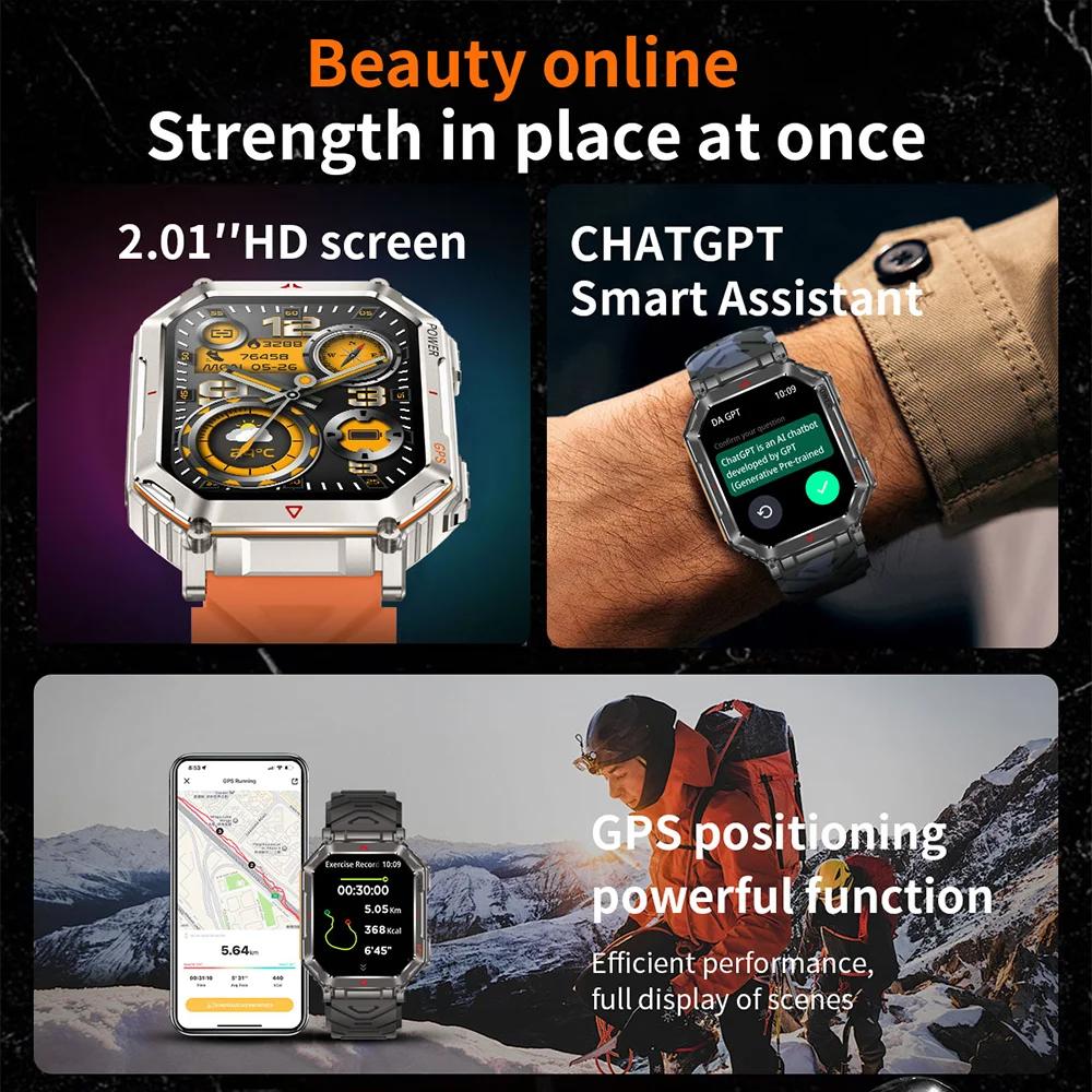 SACOSDING Rugged GPS Smart Watch 2.01" HD Screen 3ATM Waterproof Bluetooth Call Men Smartwatch GPS Positioning Compass Flashlight