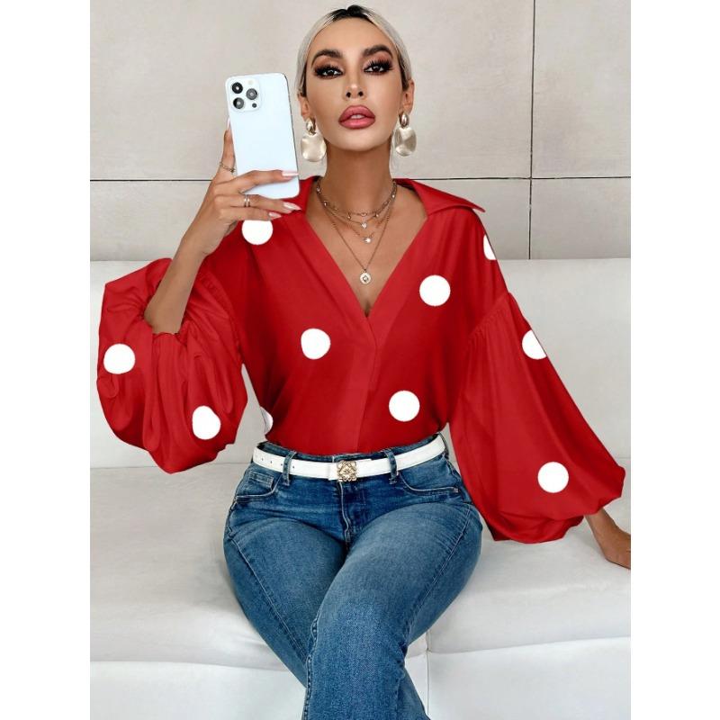 DAFIFY Mote Casual Vår Høst Polkadotter Trykk Langermet POLO Hals Bluser & Skjorter for Kvinner