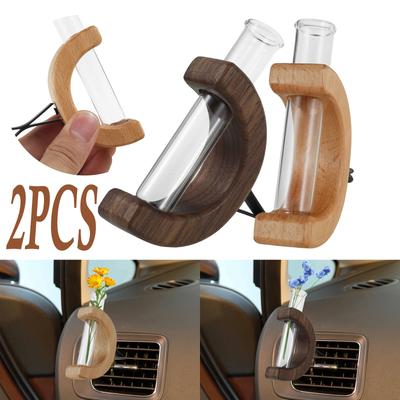 2Pcs Car Flower Test Tube Solid Wood Vase Plant for Car Vent Install Station Flower Decoration Home Glass Auto Air Vent Ornament
