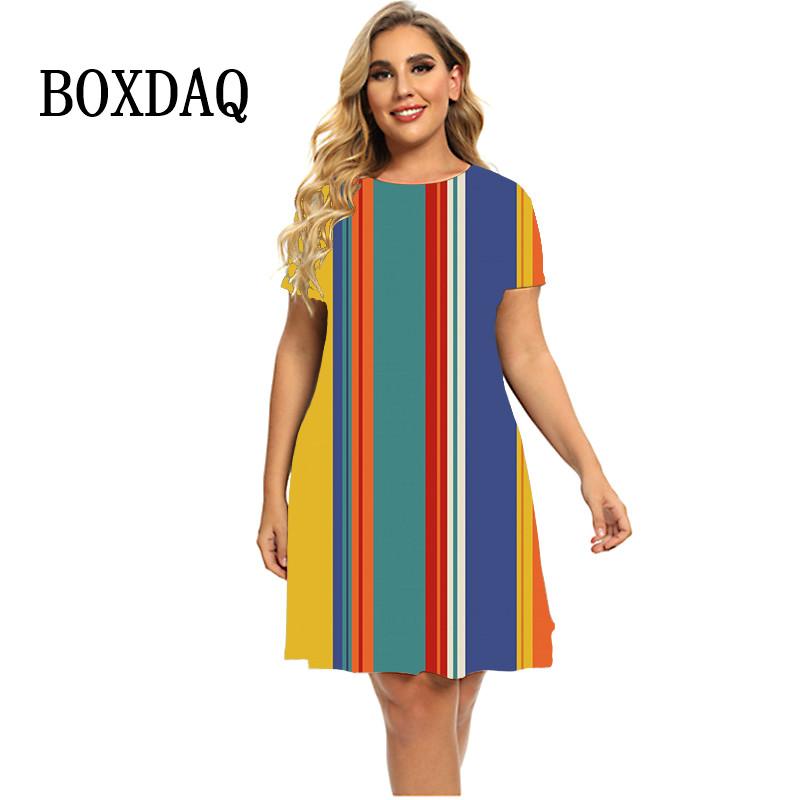 Bunt Gestreiftes Kleid Sommermode Straße Beiläufiges Loses Kleid Frauen Übergroße Kurzarm Elegante Damen Büro Minikleider