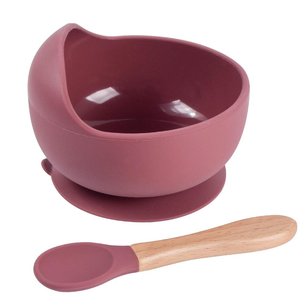 Silicone Baby Bowl & Spoon Set with Wooden Handle and Suction Cup