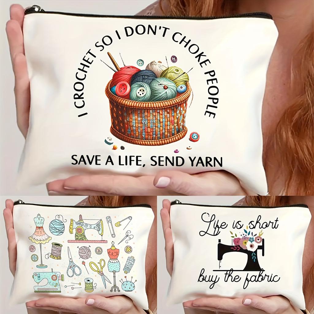 1pcs Polyester Crochet Cosmetic Pouch for Women with Humorous Sewing Design, Makeup Bag for Travel, Business Toiletry Bag