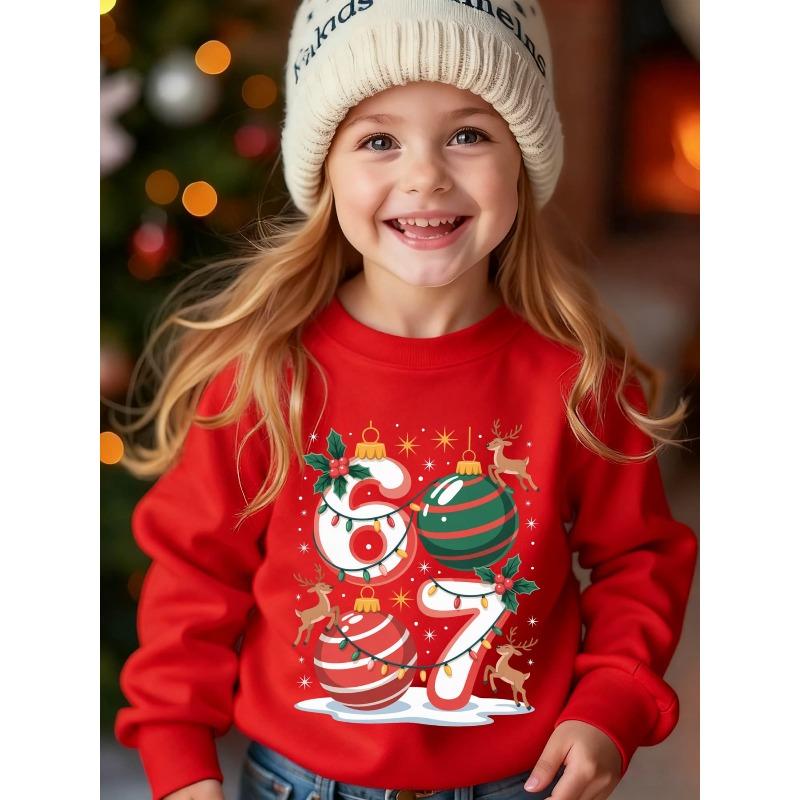 Kids Unisex Crewneck Sweatshirt, Christmas Bauble Reindeer Holly Light String 67 Graphic Long Sleeve Pullover, Soft Sweatshirts for Boys Girls Ages 4+
