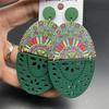 European Retro Wooden Long Print Earrings with Hollow Design