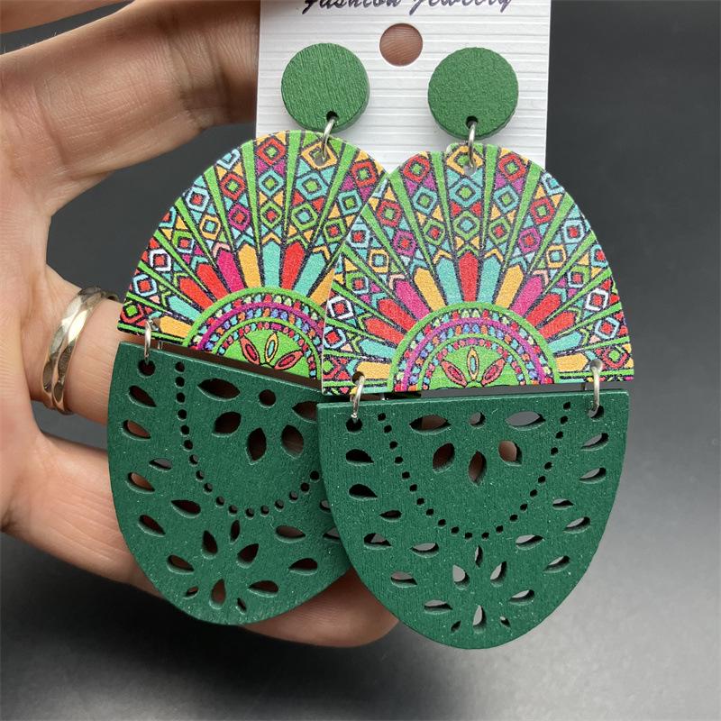 European Retro Wooden Long Print Earrings with Hollow Design