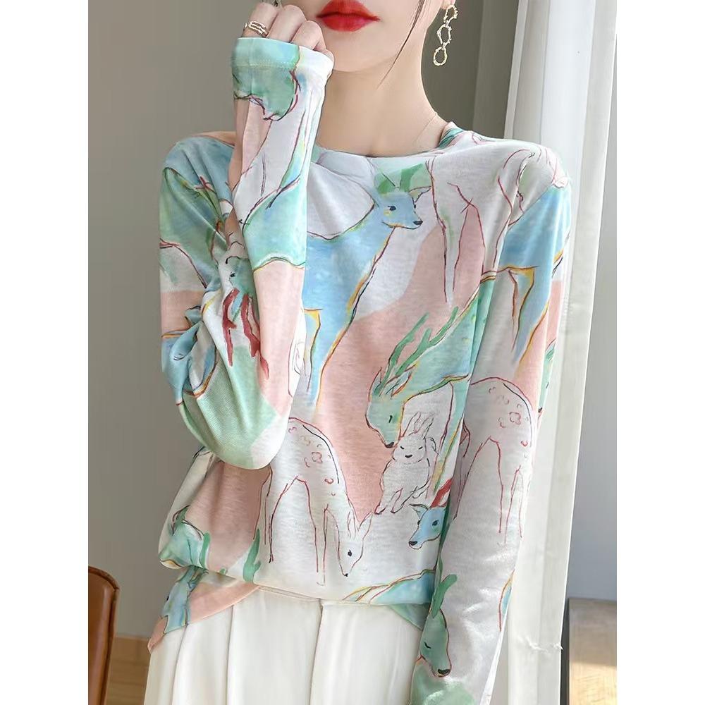 Frühling und Herbst Neues T-Shirt für Damen mit lockerem Rundhalsausschnitt und langen Ärmeln mit gedrucktem Muster in Tuschemalerei