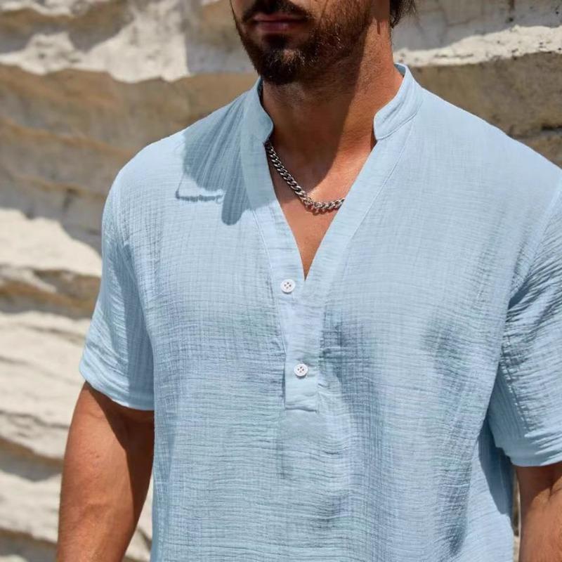 Camisa Texturizada Azul Claro para Hombre con Cuello Alto, Top Henley Casual de Manga Corta, Tejido Transpirable para Verano