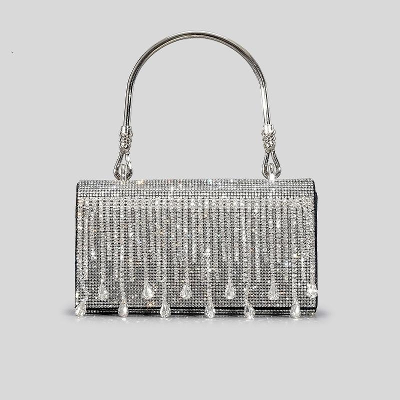 Borsa a Mano con Frange e Strass per Donna, Design di Nicchia, Borsa da Sera con Diamanti a Caldo, Borsa a Spalla/Crossbody con Manico Metallico a Cappuccio, Diamanti Scintillanti