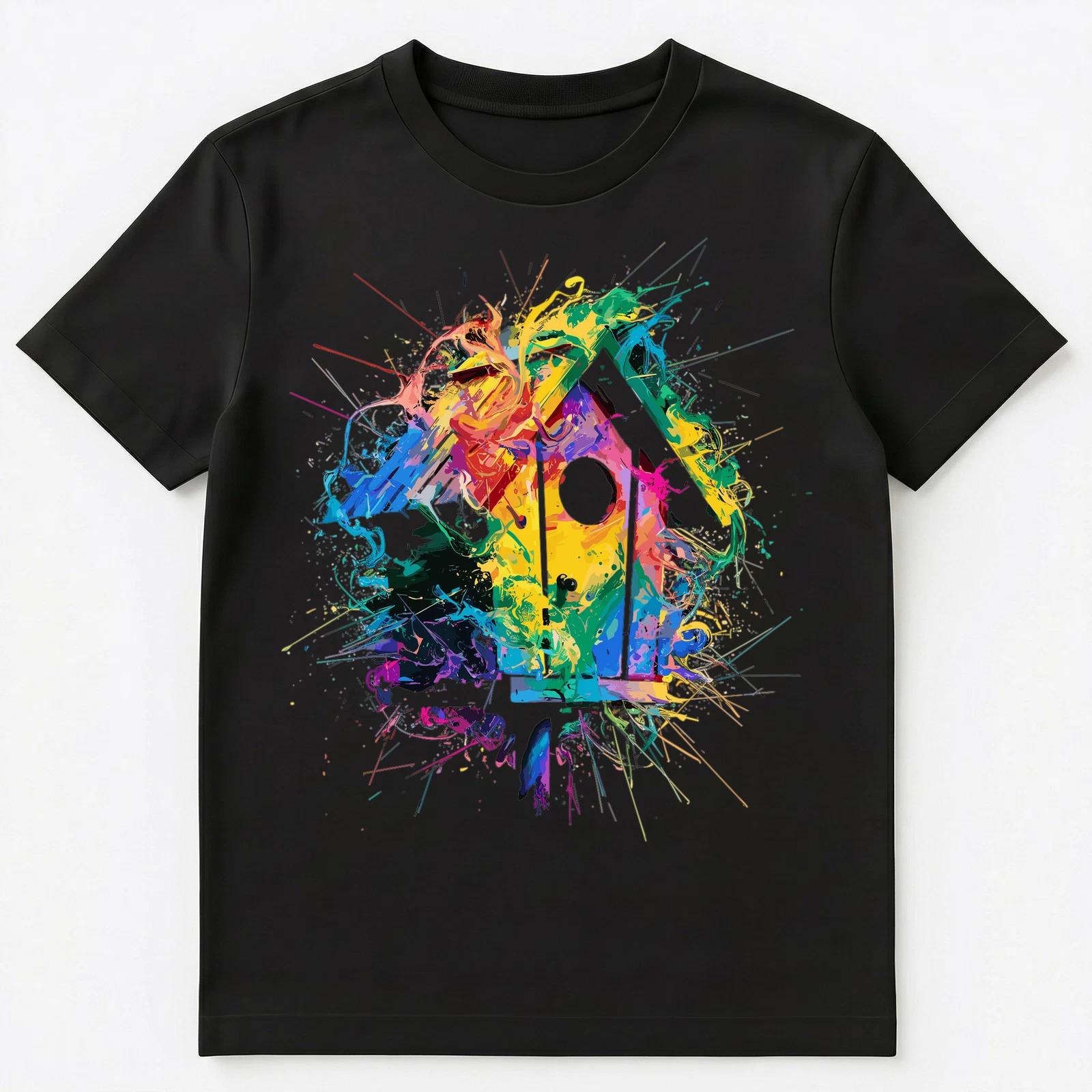 

Colorful Paint Splash Bird House Art Graphic Unisex T-Shirt L