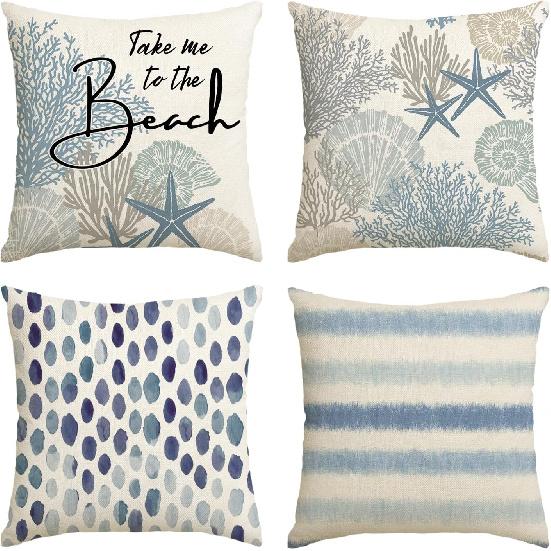 AVOIN Colorlife Take Me To The Beach Summer Throw Pillow Covers, 18 X 18 Inch Blue Ocean Starfish Summer Cushion Case for Sofa Couch Set of 4