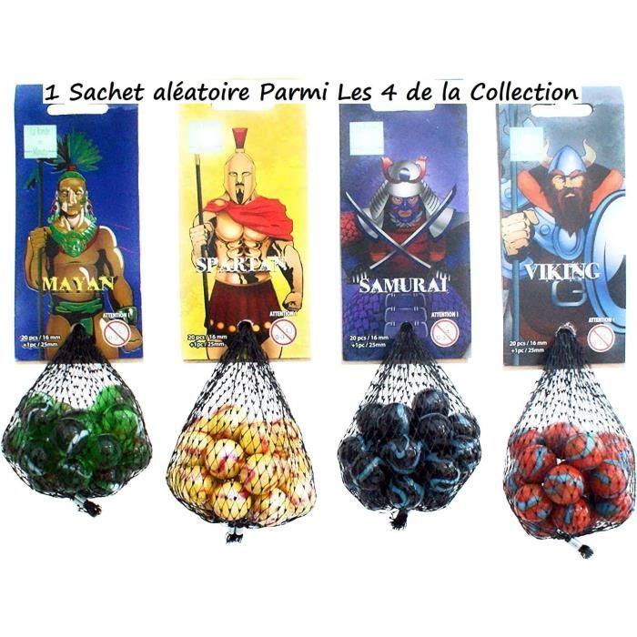 Un Sachet de 20 Billes + 1 Calot à thème pour Enfant et Cours d'école (Guerriers) - (1 Sachet aléatoire Parmi Les 4 de la Collection)