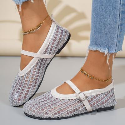 New Ballet Flat Shoes with Buckle Mesh Hollow Breathable Spring and Summer Large-size Round Head Fashionable Single Shoes