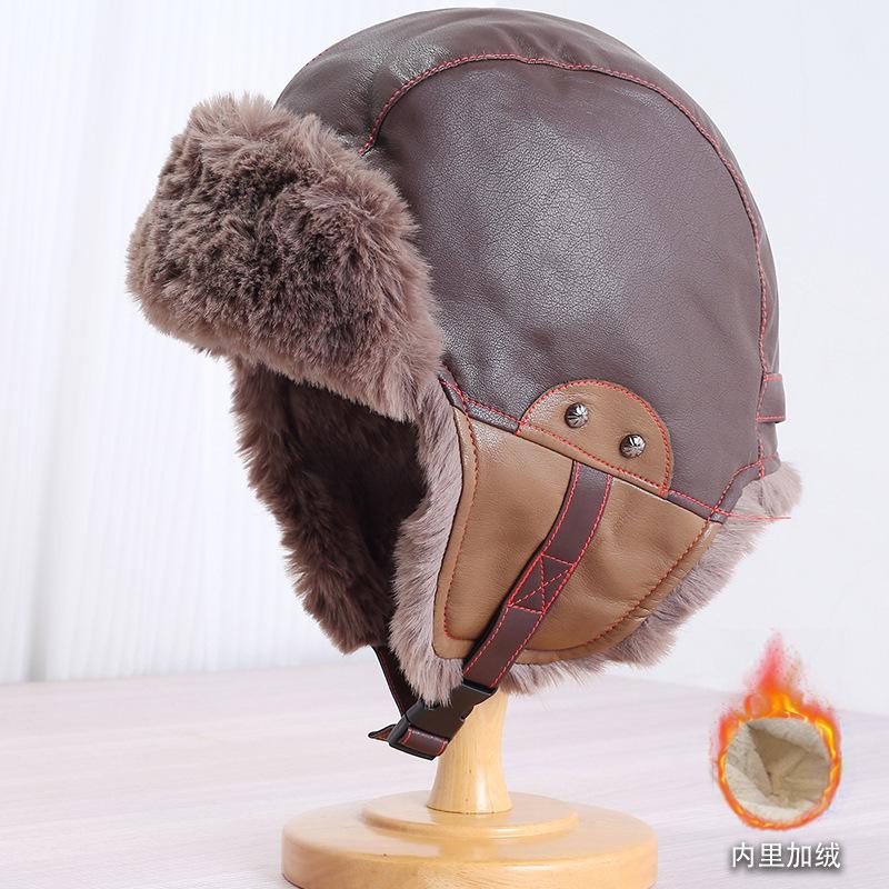 Retro pilot hat men's and women's winter velvet PU leather warm Lei Feng hat Northeast outdoor cycling ear protection hat