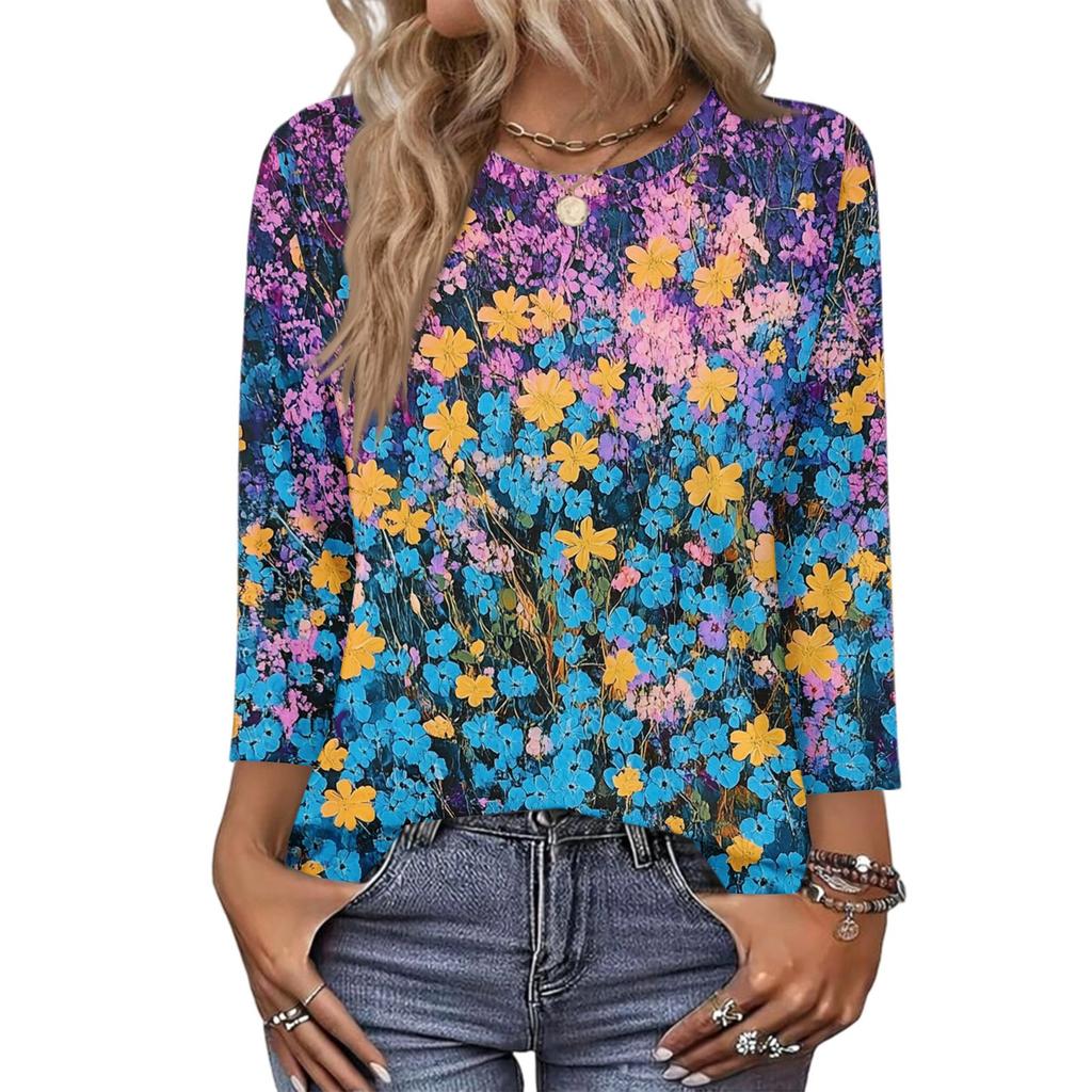 343/4 Sleeve Shirts For Women Cute Print Graphic Tees Blouses Casual Plus Size Basic Tops Pullover