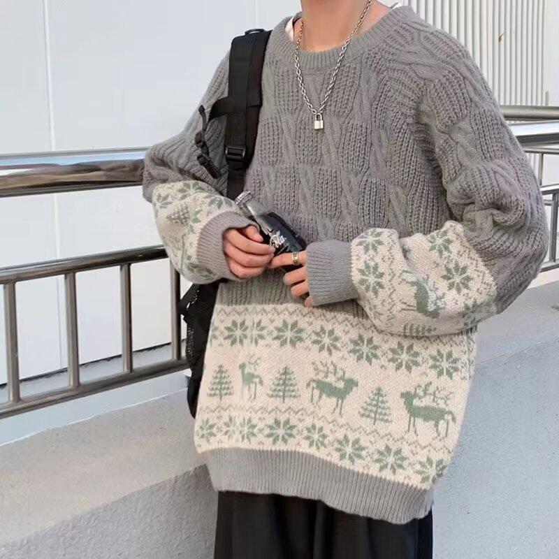Men's Autumn/Winter Korean-Style Patchwork Sweater: Trendy, High-End, Loose, Lazy-Style Round Neck Knitwear for Couples