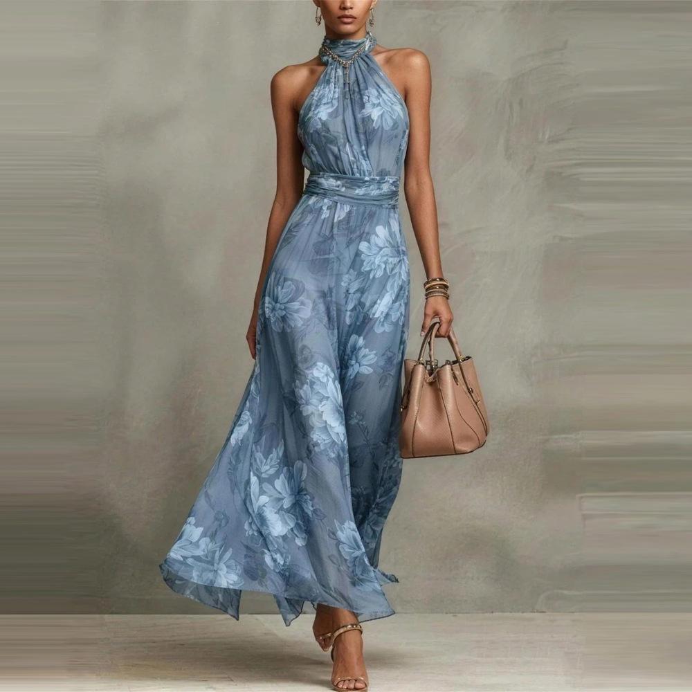 European and American cross-border 2026 women's clothing hip-wrapped mesh printing irregular split pleats sexy suspender dress long dress