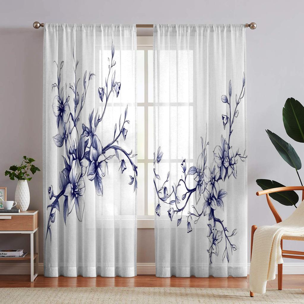 2 Pieces HD Digital Leaf Flowers  Printed Window Screen Home Decor Style Decoration Living Room Window Screening