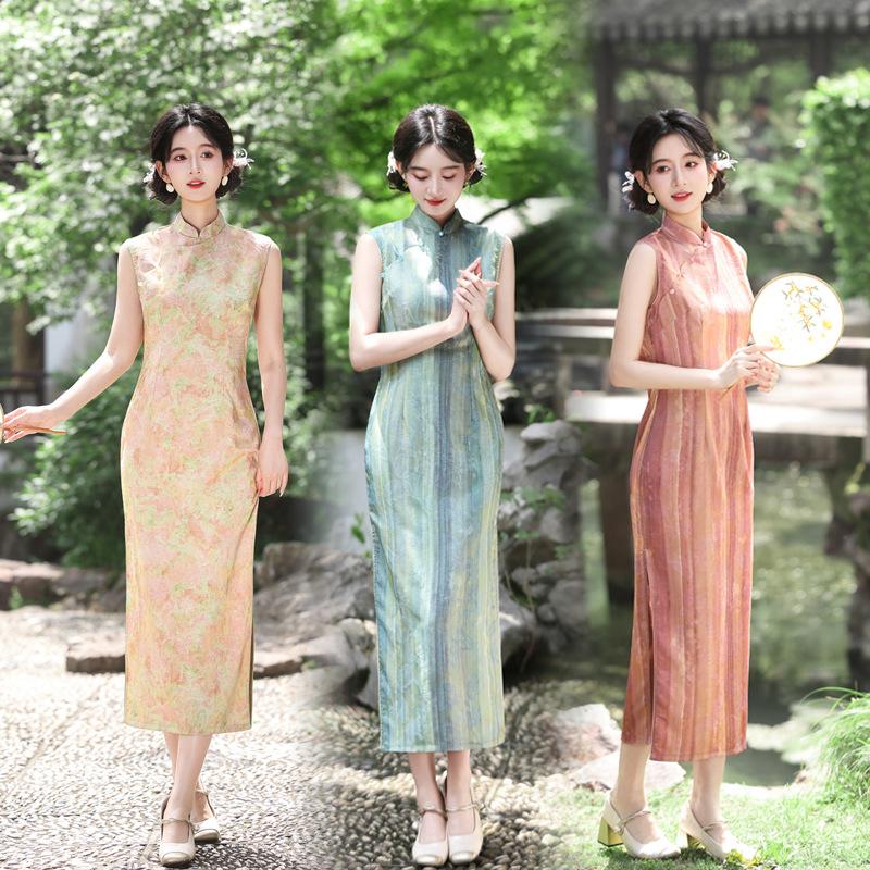 1011 summer new floating cotton cheongsam national style thin retro slim long sleeveless wedding dress