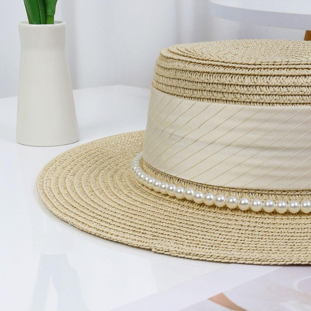 UV Protection Wide Brim Straw Hat Pearl Chain Women's Fisherman Hat Elegant Flat Sun Cap Summer