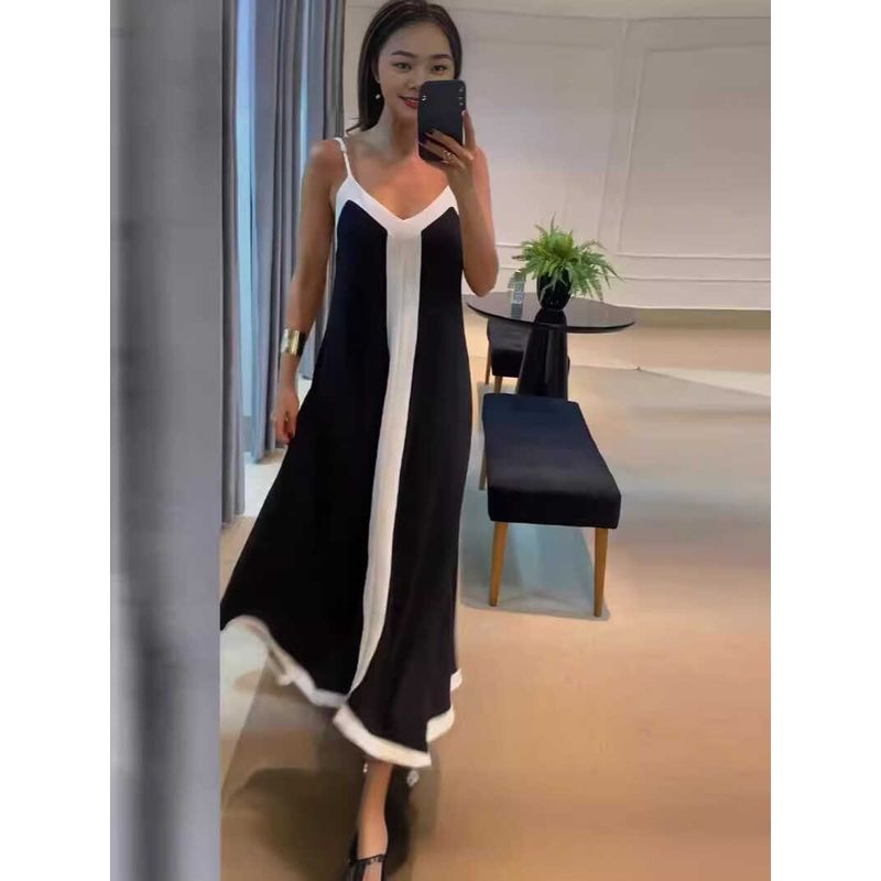 

Contrast V-neck Long Dress Export Fashion Elegant Contrast Color V-neck Long Sling Dress Picture Color 3XL