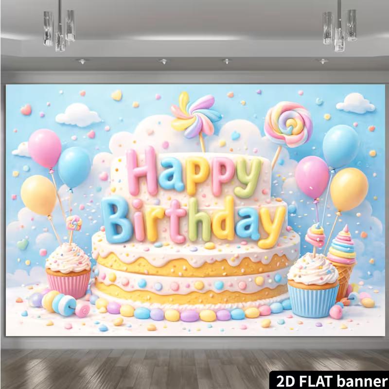 2D Pastel Happy Birthday Backdrop with Cake Photography Background