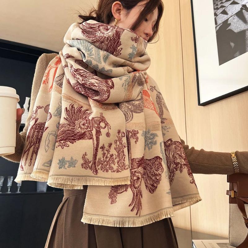 Winter New All Things Jacquard Scarf Women's Versatile Elegant Imitation Cashmere Shawl Cold and Warm Thickened Scarf