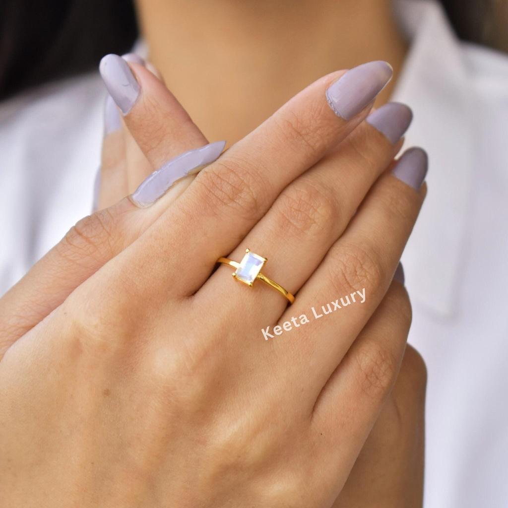 Natural Moonstone Minimalist Ring , Mothers Day Gift for Her , Dainty Stackable or Wear Alone Ring , Blue Sheen Stone Ring , 14K Gold Ring