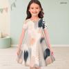 Little Girls Round Neck Short Sleeve Watercolor Printed A Line Flared Dress