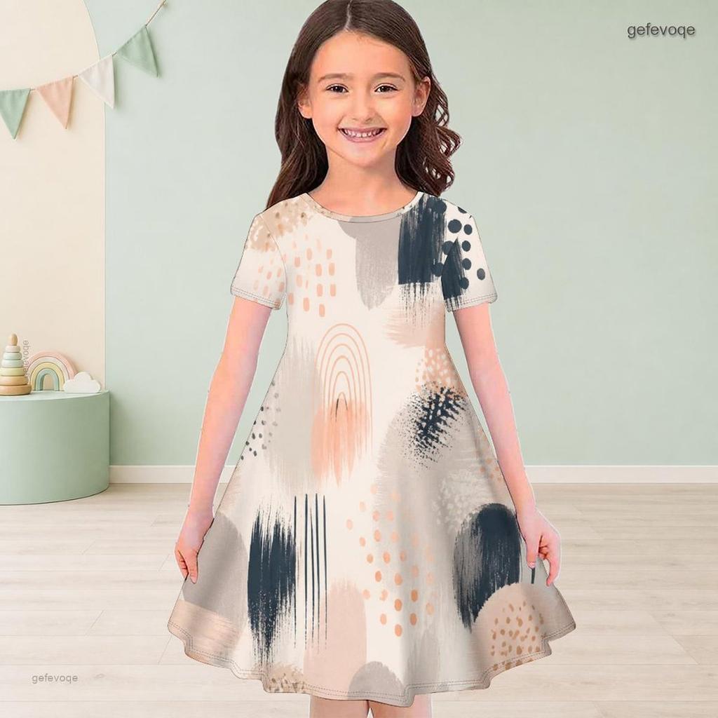Little Girls Round Neck Short Sleeve Watercolor Printed A Line Flared Dress