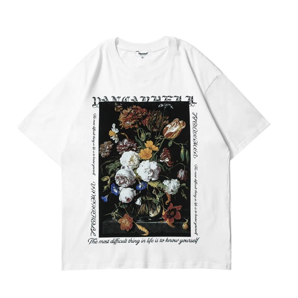 Summer Newest Retro Rose Funny Print Short Sleeve 100%Cotton T-shirt for Men Trendy Street Couple Casual Tops Oversized Tees