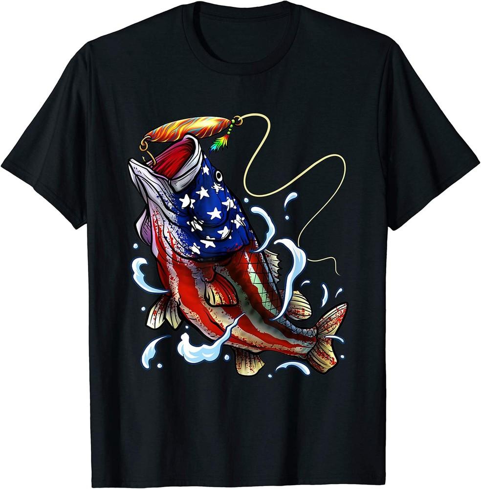 Bass Fishing Fish Angler Dad Father Gift American Flag T-Shirt Size S-5XL Unisex T-Shirt L