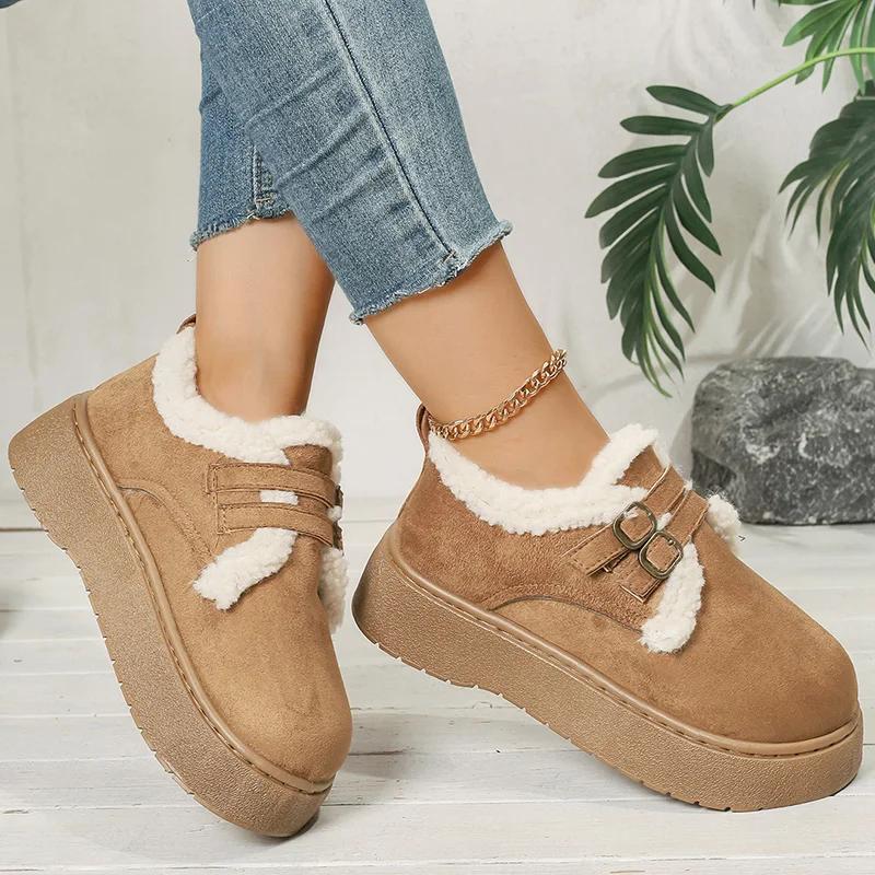 Fashion Thick Sole Plush Winter Cotton Shoes Women Fashion Belt Buckle Platform Fur Snow Boots Woman Warm Fleece Lining Ankle Boots 42