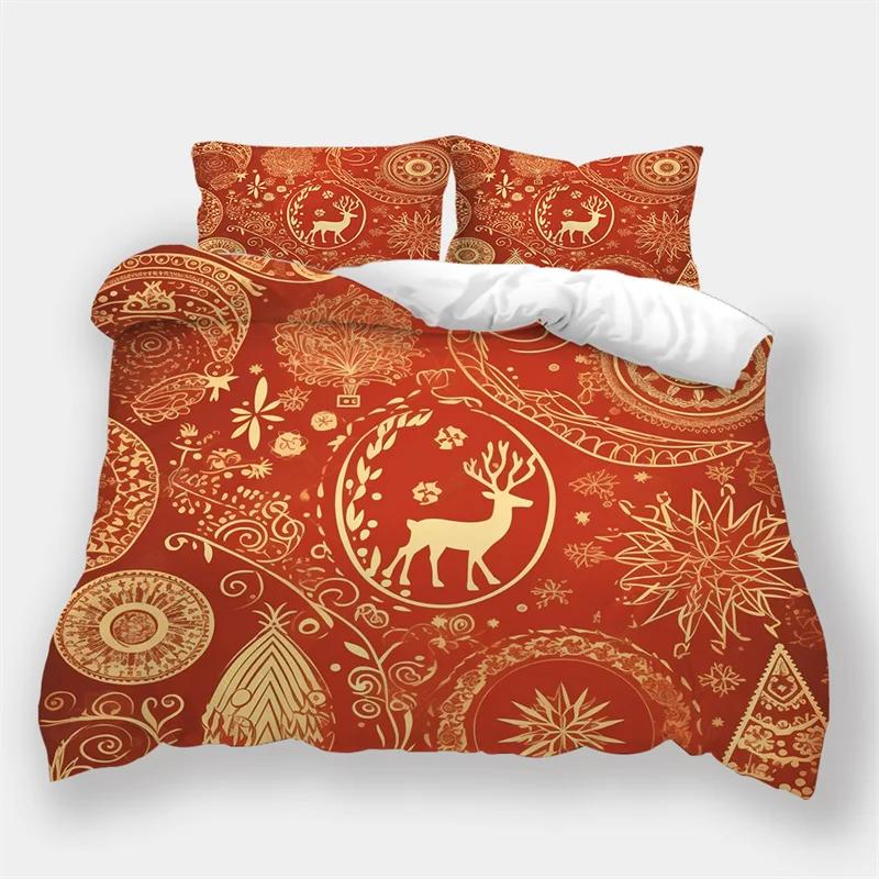 Microfiber Bedding Sets For King Size, Christmas Snowflakes Duvet Cover Set,Queen Snow Deer Comforter Cover,Bed Set For Teen Boy