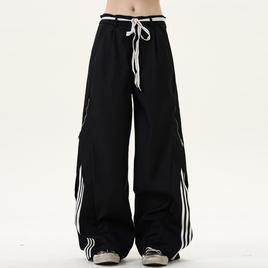 American retro trendy brand three-bar striped casual pants for men and women loose and versatile casual side zipper design pants