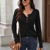 Autumn Winter Solid Color Round Neck Button Loose Long Sleeve T-Shirt Top for Women