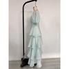 Women Fashion Backless Puff Sleeve Square Neck Long Solid Cake Dress