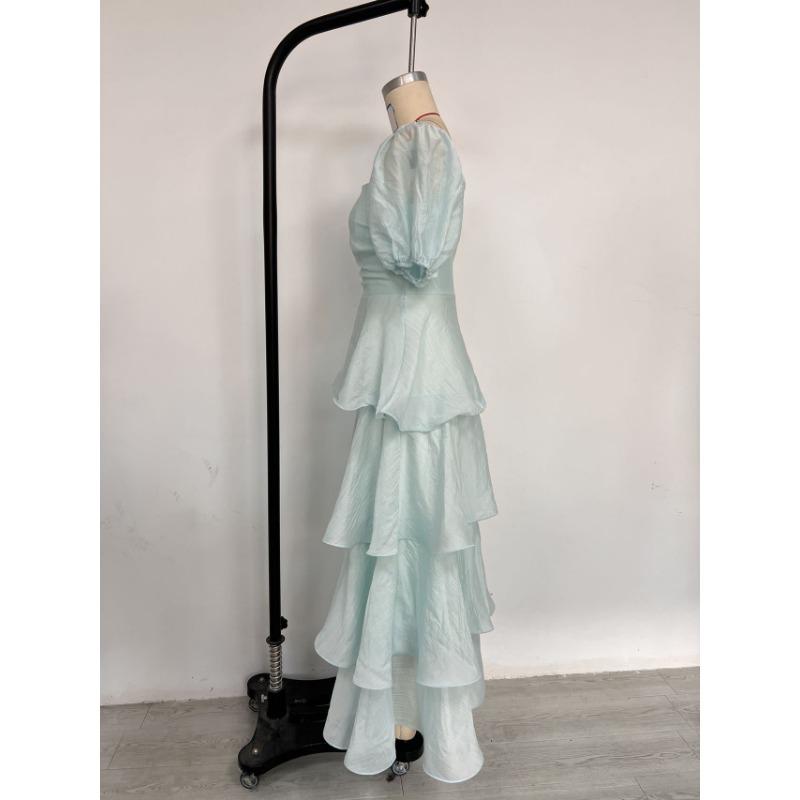Women Fashion Backless Puff Sleeve Square Neck Long Solid Cake Dress