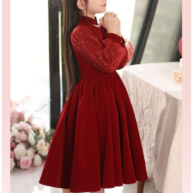 Sukienka z wysokiej jakości aksamitu dla dziewczynek, Czerwona aksamitna sukienka księżniczki dla dzieci Jesień i Zima