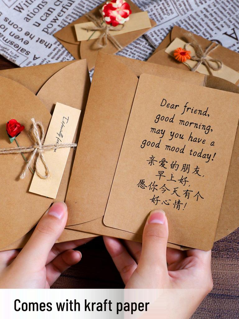 Handcrafted Retro Kraft Dried Flower Greeting Card for Birthdays & Father's Day