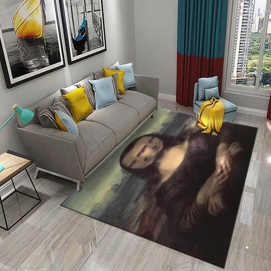 Funny Mona Lisa Oil Painting Carpet Home Decor Painting Mat for Living Room Bedroom Kitchen Bathroom Non-slip Floor Area Mats