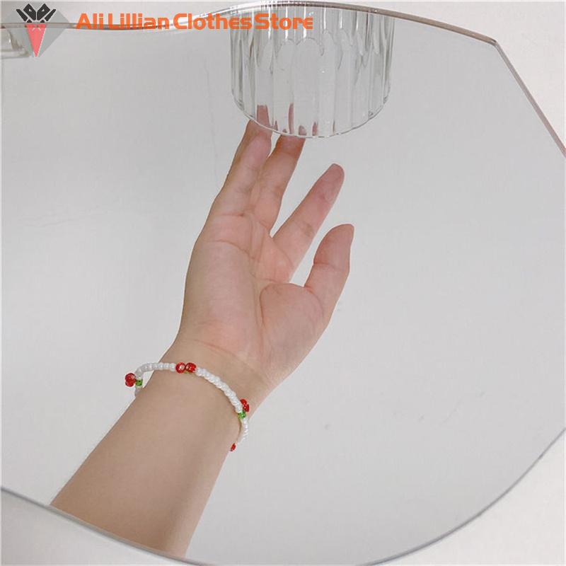 Summer Niche Fresh White Crystal Beaded Bracelet Hand-woven Stylish Simplicity Cherry Bracelet Jewelry Girls Party Gifts