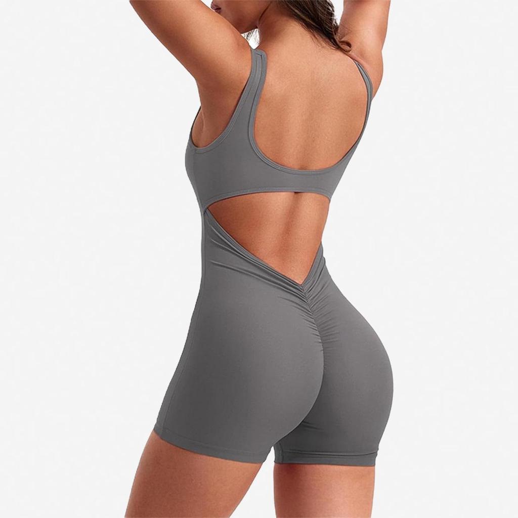 Women's Backless Slim Fit Yoga Jumpsuit - High Elastic, Hip Lifting, Square Neck, One-Piece Sports Shorts.
