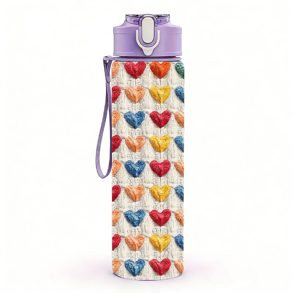 1PC Multicolor Heart Knitting Texture Print 750ml Color Plastic Sports Water Bottle Leakproof Flip Straw Lid Suitable for Sports Office Home Use