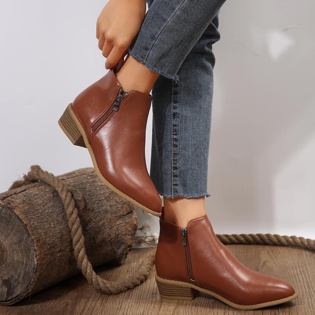 Large Size Casual Short Tube Square Thick Bottomed Snow Boots Autumn Winter PU Martin Boots Side Zipper Shoes 36-43