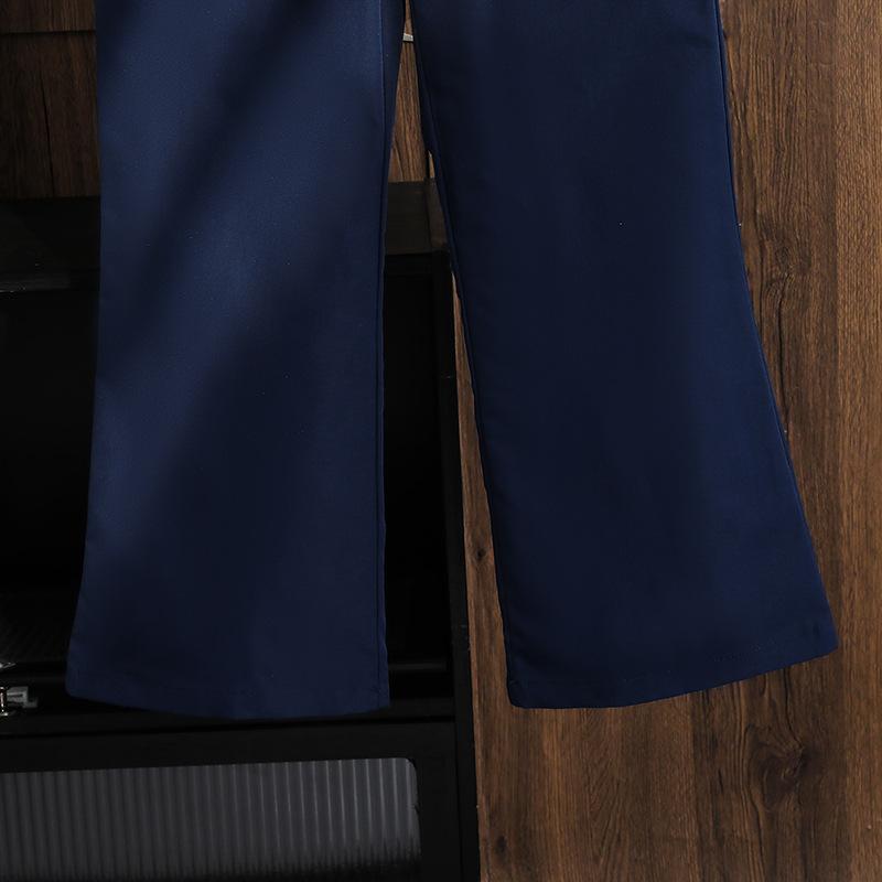 Girls' Fashionable Blue Set: Spring/Summer Children's Elegant V-Neck Top and Wide-Leg Pants Two-Piece Set