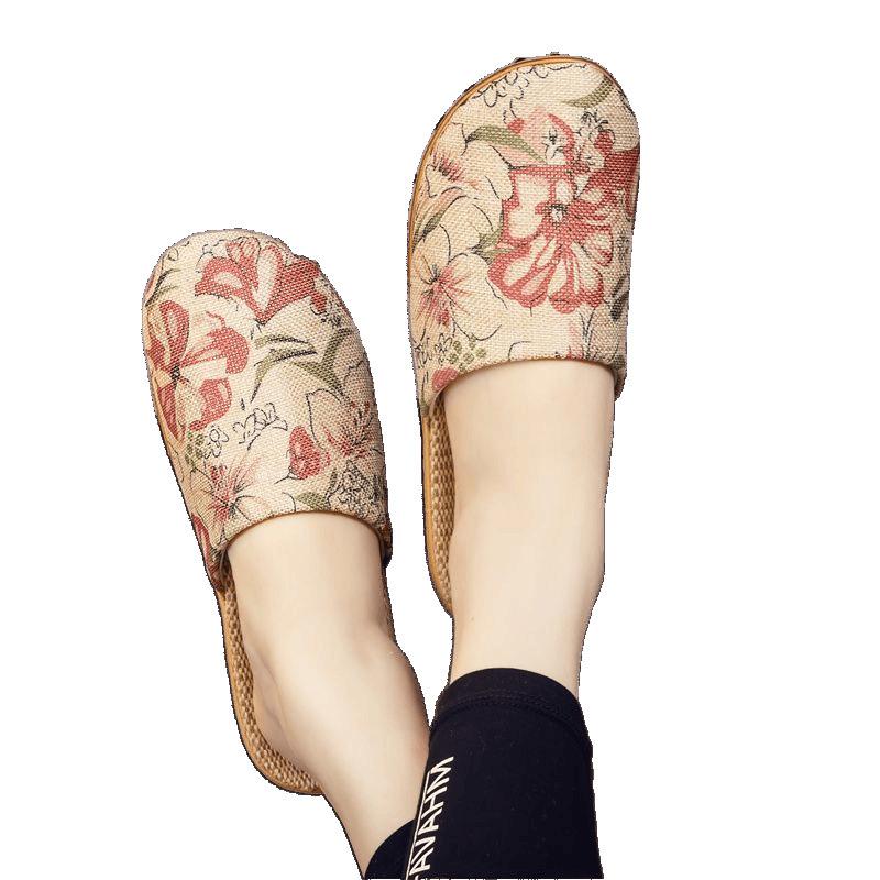 Four Seasons National Style Flax Cool Slippers Couples Breathable Home Use Flat Soft Sole Men's and Women's Confinement Baotou  Confinement Shoes