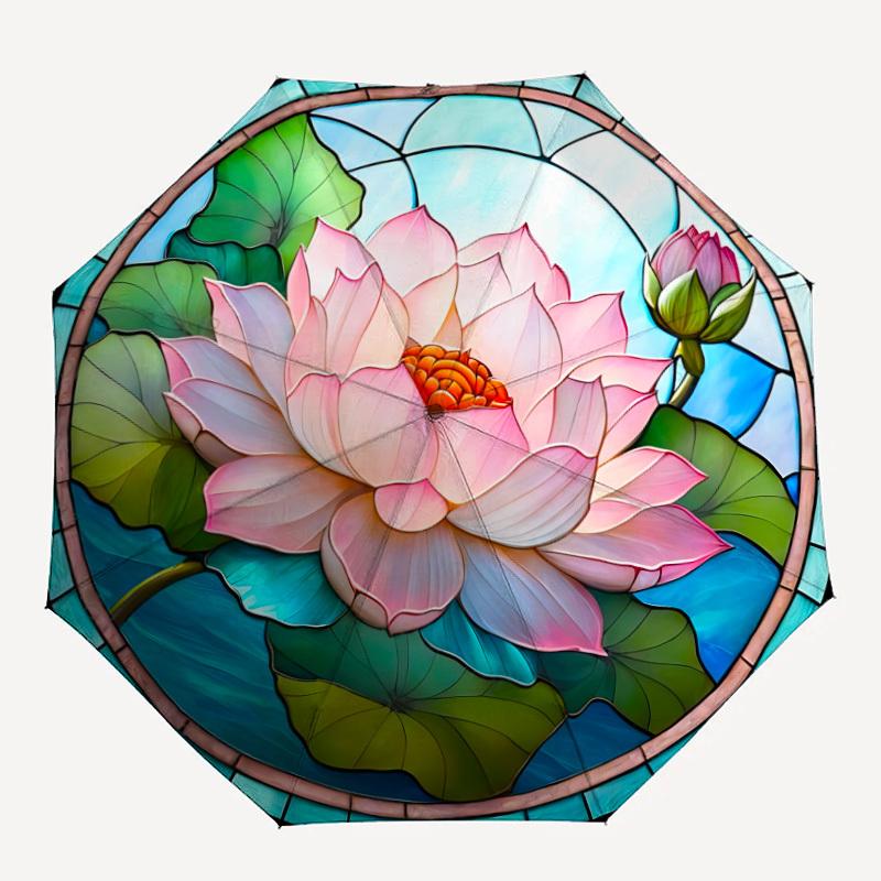 

1PC Lotus Stained Art Automatic Open/close, All-Season Portable Folding Umbrella for Women & Men yy250919221