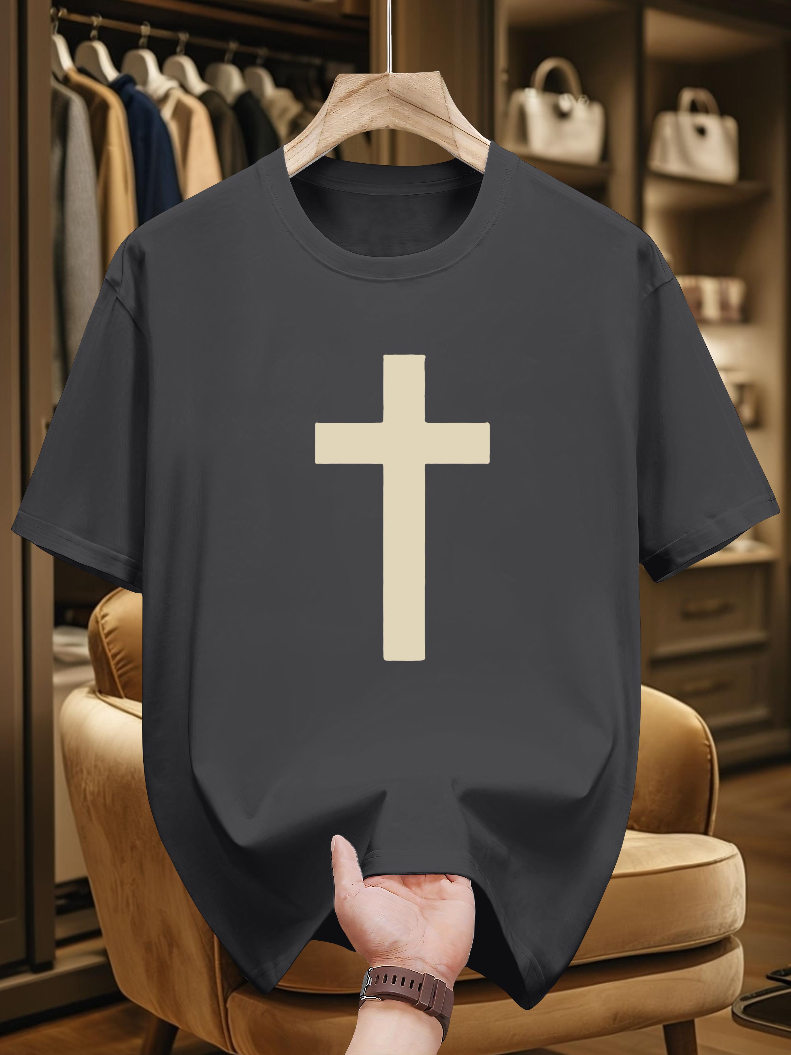 200g 100% Cotton Short Sleeve T-shirt with Bold White Cross Print - Navy Blue Casual Summer Tee M