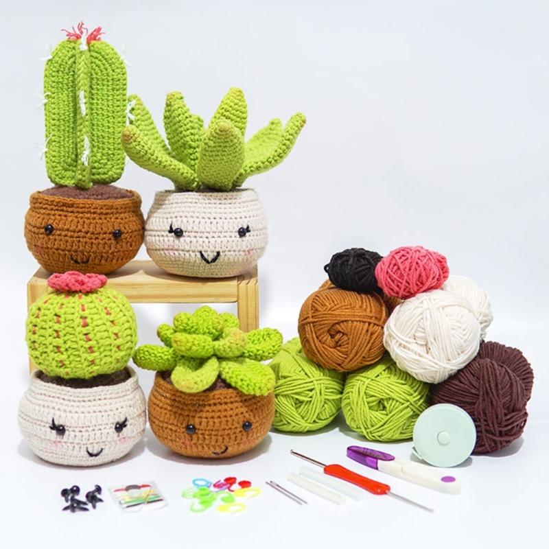 Crochet Flower Set with Step-by-Step Tutorial Instruction Crochet Potted Plant Crochet Knitting Supplies for Beginner